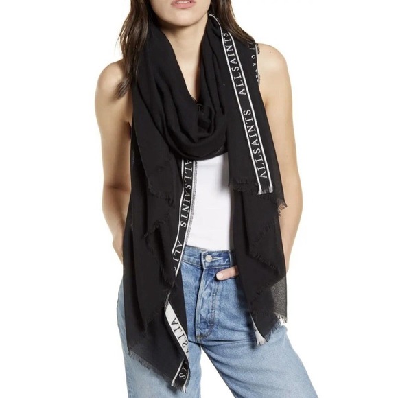 ALLSAINTS WOVEN SELVEDGE EDGE LOGO WOMEN’S SCARF, BLACK ($98) SOLD OUT . - Picture 1 of 10